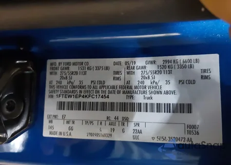 2019 Ford F-150 Xl z USA, uszkodzony, nr VIN 1FTEW1EP4KFC17454